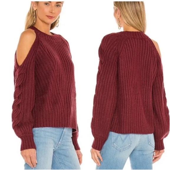 Revolve 525 America Braided Sleeve Cold Shoulder Sweater Beige Small - Picture 2 of 7